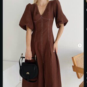 SANCIA Mari Linen Maxi Dress Brown Balloon Sleeve Contrast Stitching